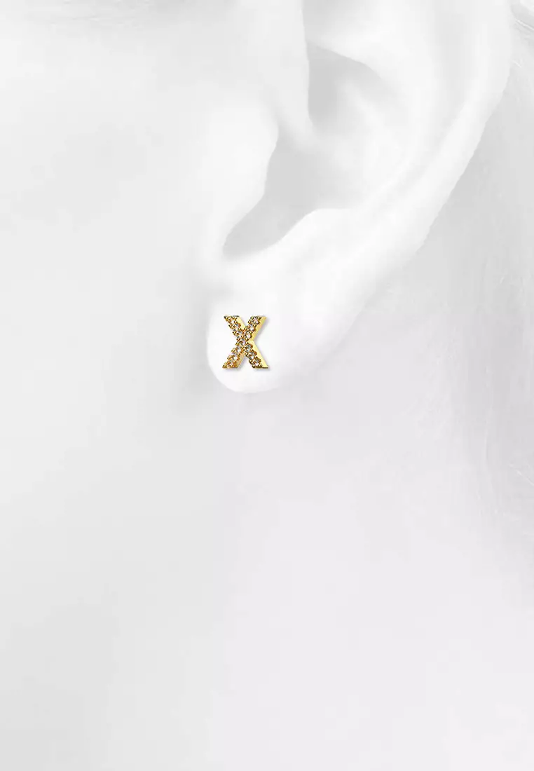 Solid 925 Sterling Silver Glamour Alphabet Letter Earrings Gold - X