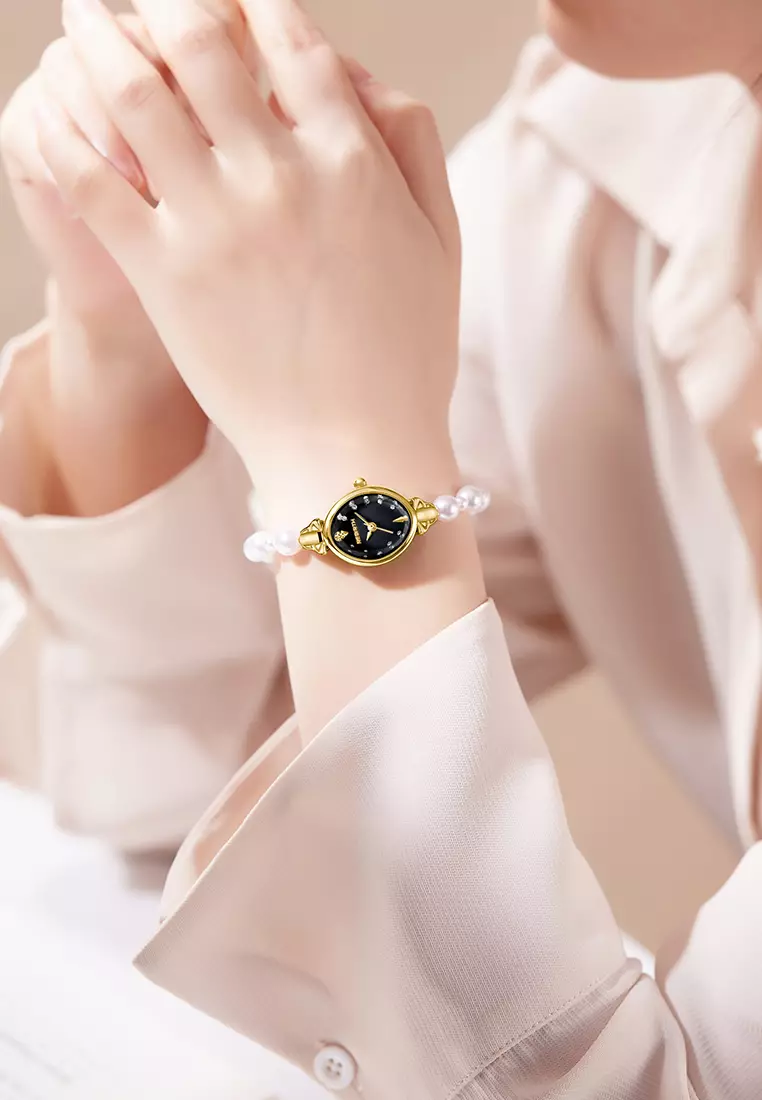 Jam Tangan Wanita Anti Air Original Analog Elegan Anak Perempuan Korean Style Kecil Mutiara Watch Women goldblack
