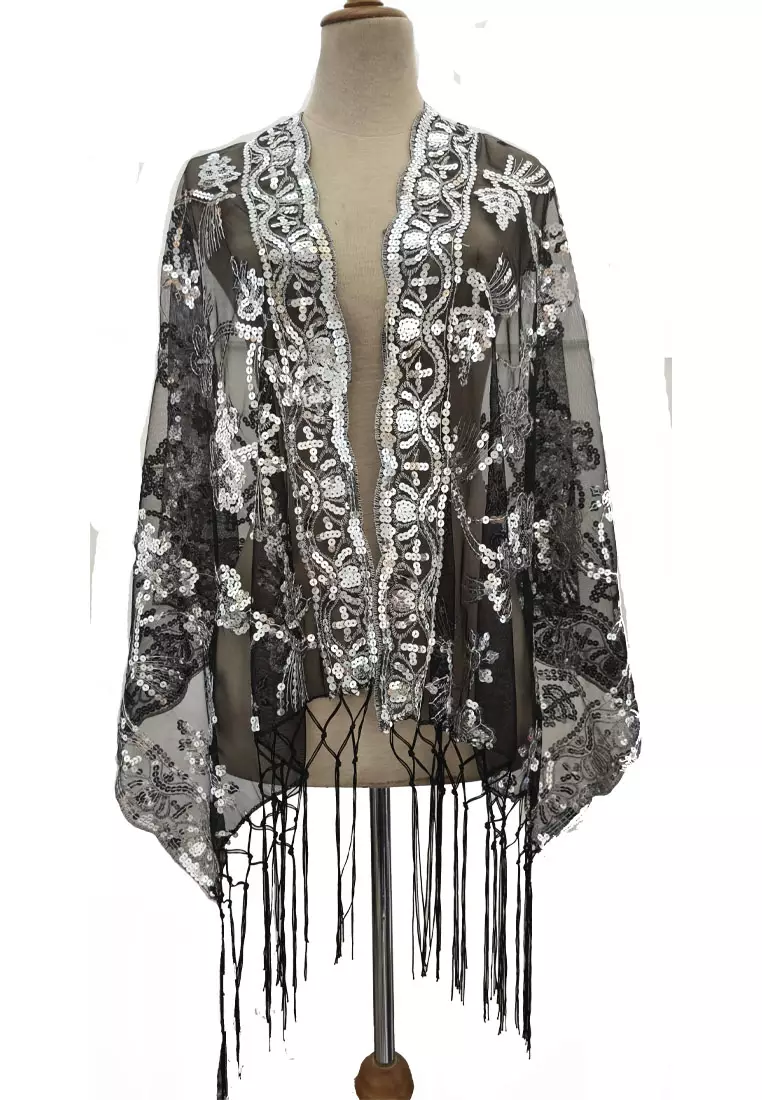 Aksesoris Wanita Flower Rays Sequinn Lace Fringed Evening Shawl Syal Pesta Wanita Black & Silver