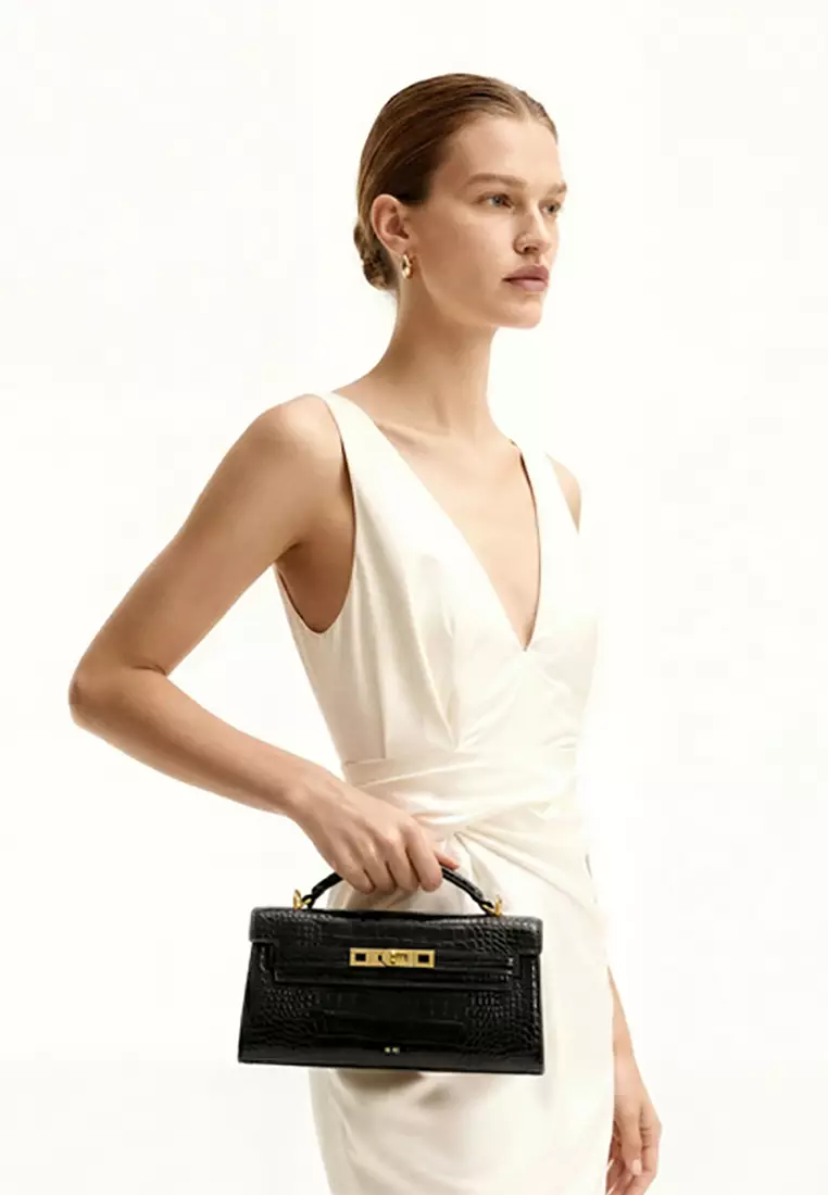 Noor Top Handle Bag - Black Croc