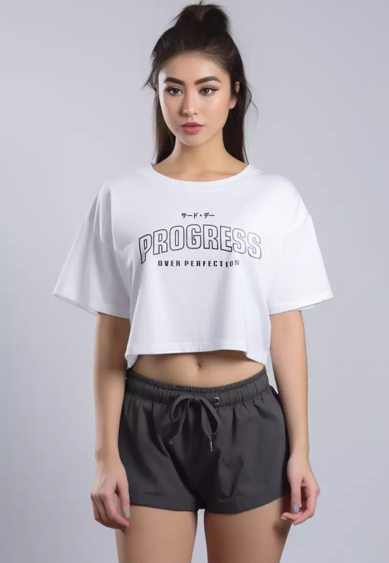 LTH07 Kaos Crop Top Wanita "progress" OLC putih