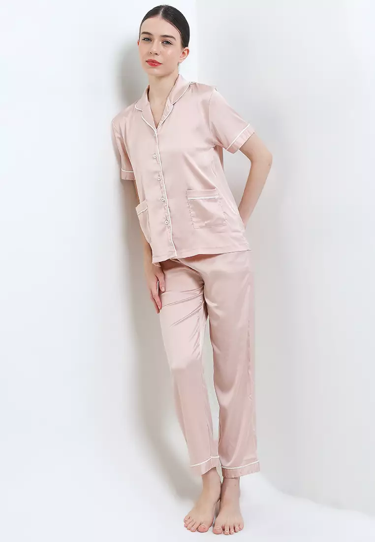 Pyjama Pijama Satin Silk Short Sleeve Pocket Long Pants Sleepwear