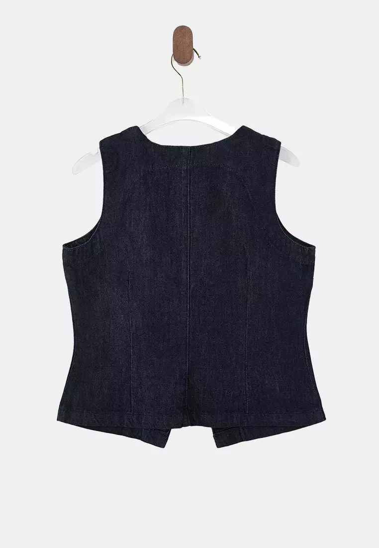 Dark Blue Button Detailed Fitted 1% Cotton Denim Vest Twoss26Ye4