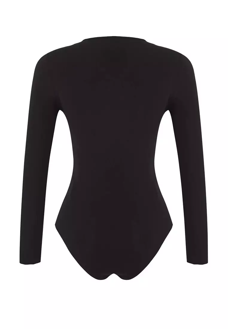 Black Asymmetric Collar Knitted Party Bodysuit Tpraw26Bd00011