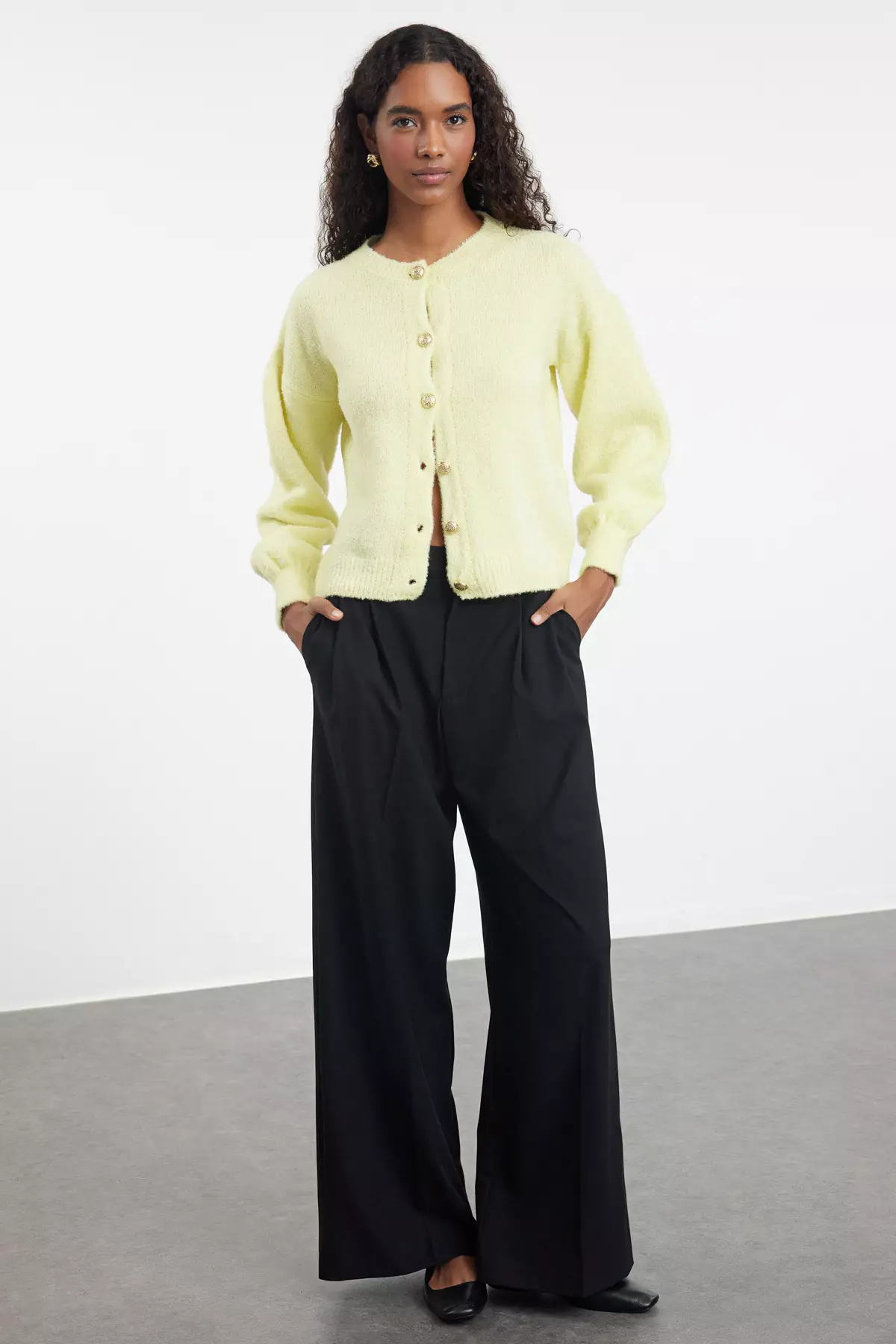 Yellow Boucle Jacket-Looking Knitwear Cardigan TWOAW25HI00147