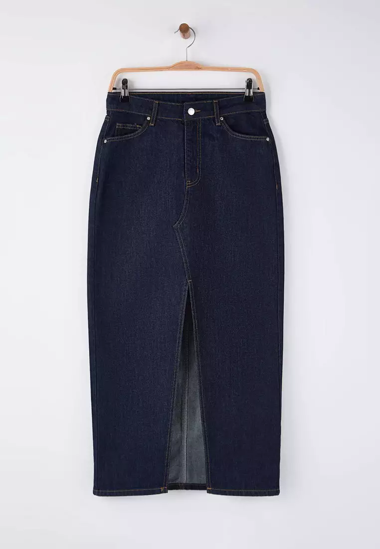Dark Blue Slit Maxi Denim Skirt Twoaw26Et144