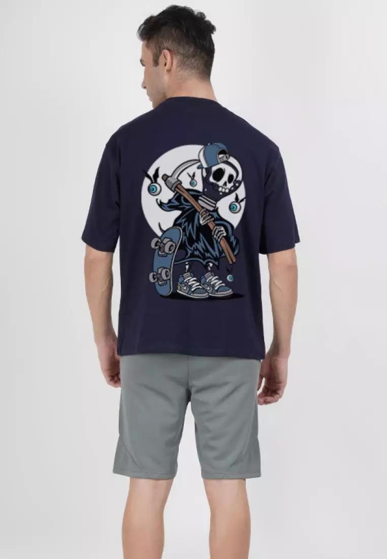 Oversized Grim Reaper Navy Blue  Cotton Short Sleeve Essential T-Shirt