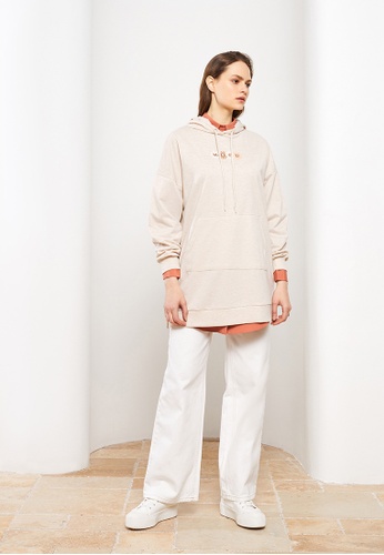 LC WAIKIKI beige Hooded Printed Long Sleeve Women's Sweatshirt Tunic 2523EAA0E2EE47GS_1