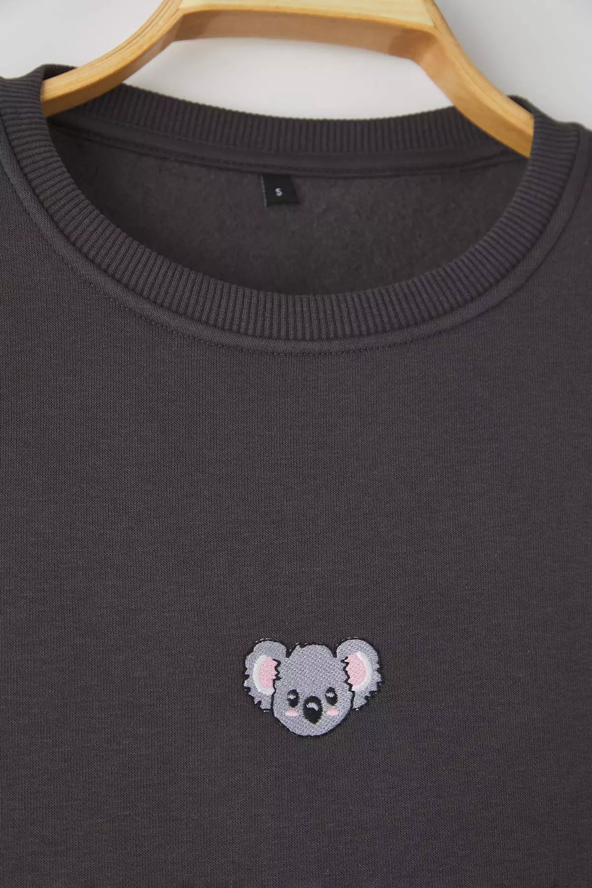 Anthracite Crew Neck Oversize/Wide Cut Polar Fleece Inside Penguin Embroidery Sweatshirt