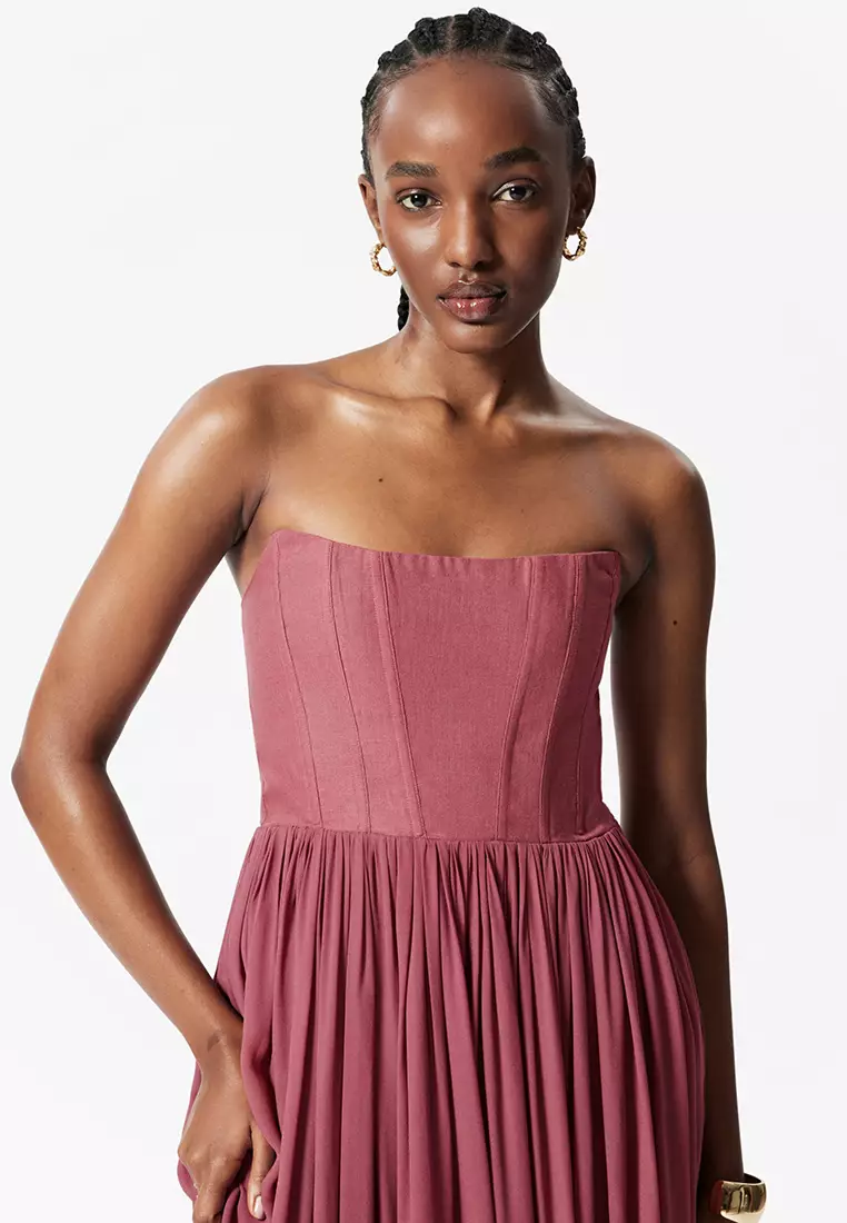 Sheer Mesh Corset Look Maxi Length Dress with Criss-Cross Back Detail