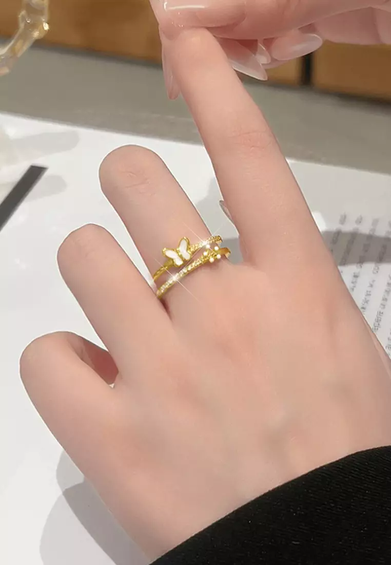 Cincin Wanita Titanium Korea Elegan Perhiasan Cewek Butterfly Flower Rings Original