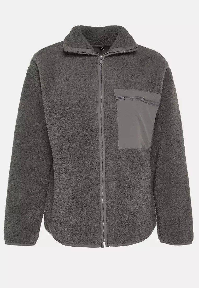 Winter Essentials Anthracite Thick Fleece Zippered Stand Collar Pocket Knitted Sweatshirt Twoaw24Sw71