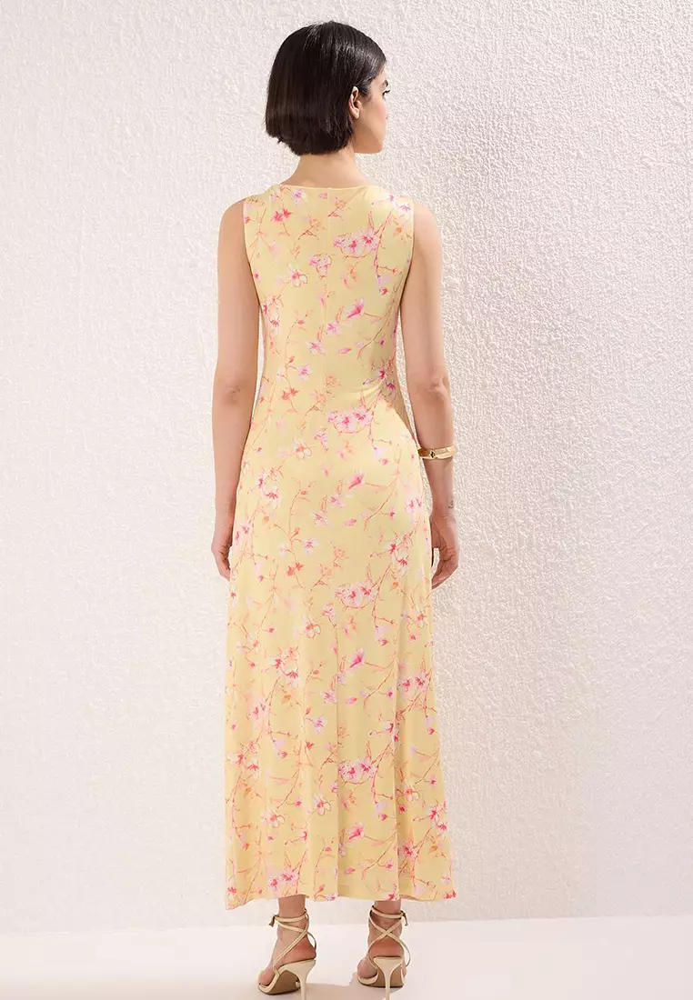 Orange Flower Printed Bright Surface Boat Rock Body-Hugging Stretchy Knitted Pencil Dress Twoss24El00528