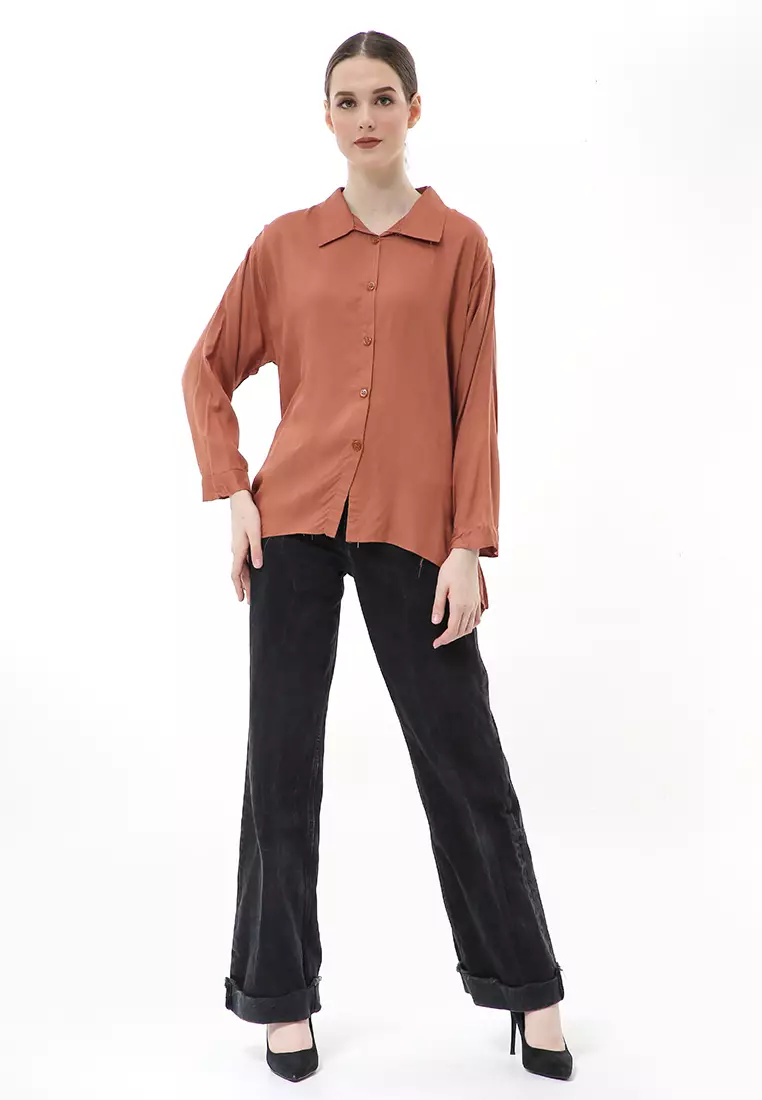Ayudia Shirt Long Sleeve Atasan Wanita Premium Quality - Dark Choco