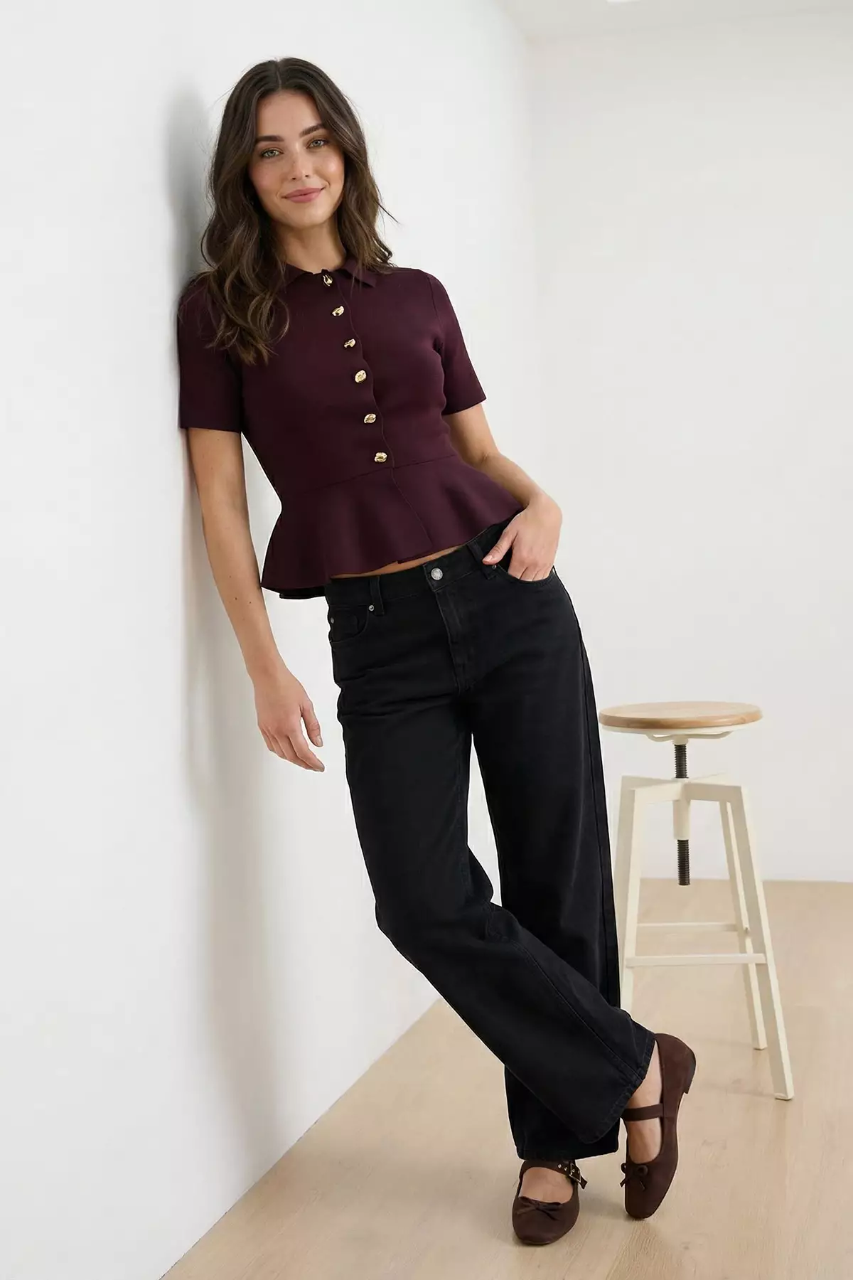 Plum Peplum/Waist Fitted Button Detailed Knitwear Blouse Twoss26Bz158