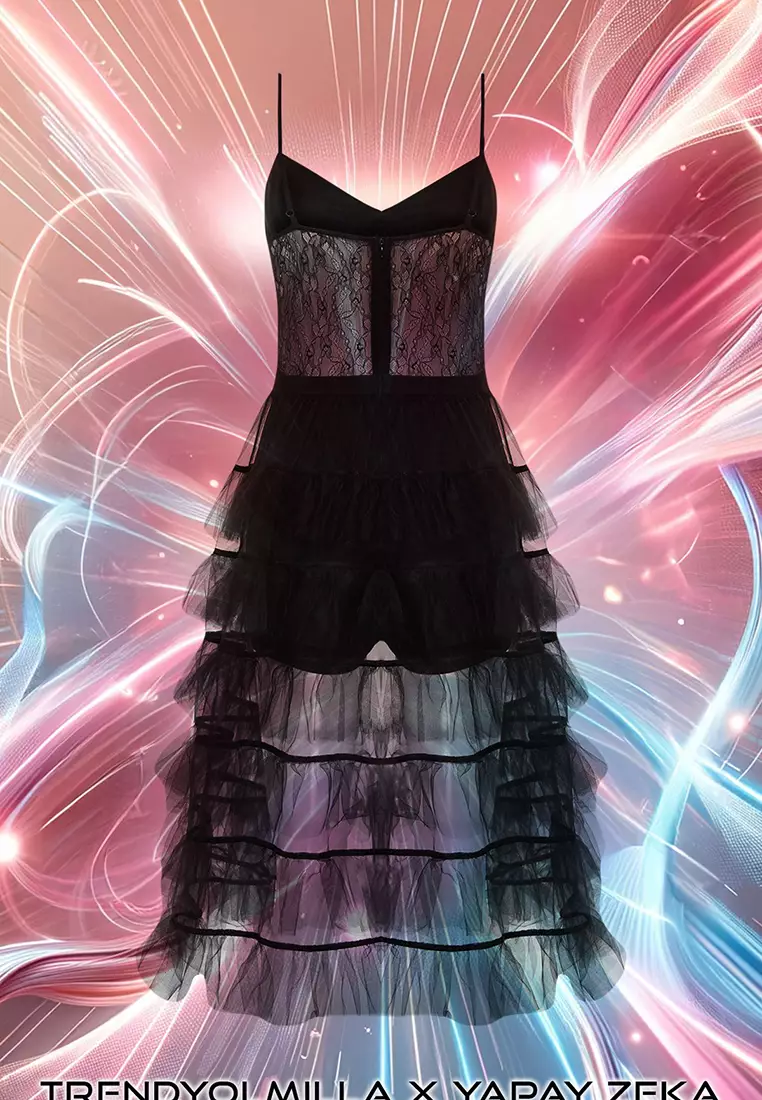 X Artificial Intelligence Black A-Line Woven Tulle Elegant Evening Prom Dress TPRSS24EL00239