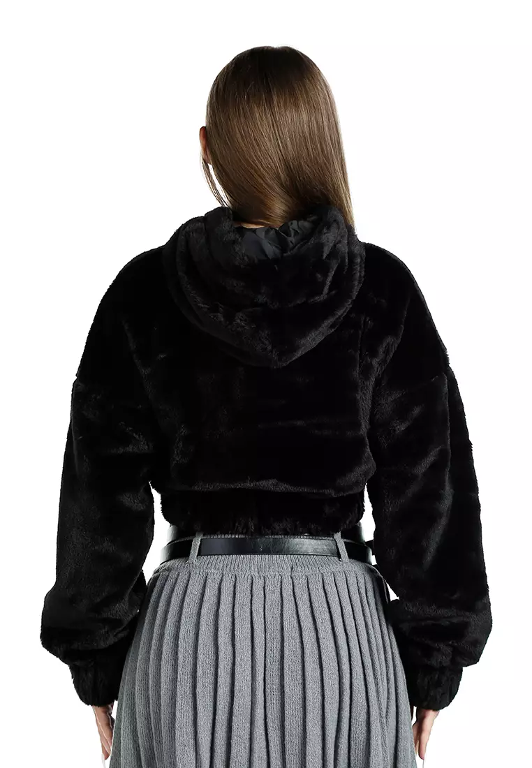 Jaket Berkerudung Bahu Terbuka Santai Warna Hitam