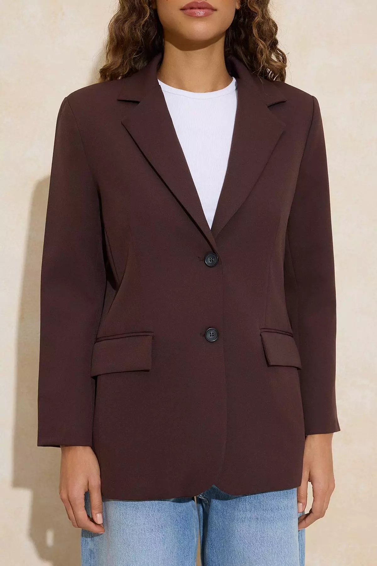 Dark Brown Oversize Woven Blazer Jacket Twoaw24Bc17