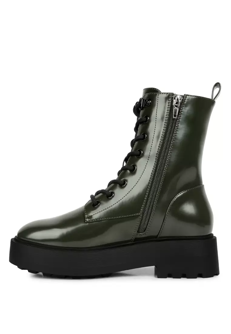 Dark Green Faux Leather Ankle Biker Boots
