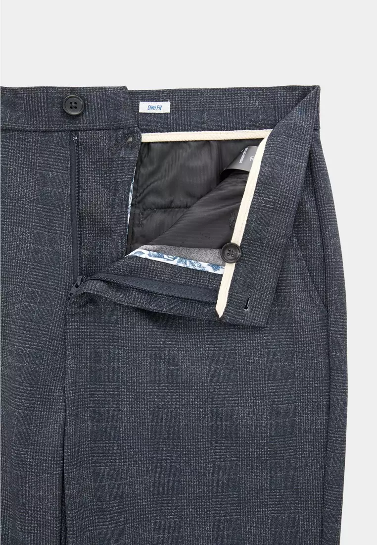 Gray-blue Check Slim Stretch Jersey Trousers