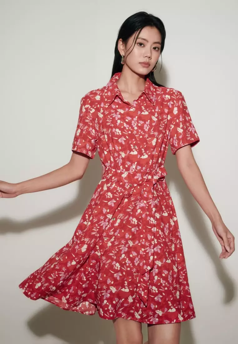 Floral Print Fit & Flare Shirt Collar Dress