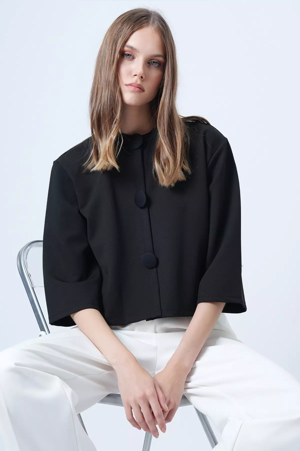 Black Coated Buttoned Crew Neck Special Design Crop Jacket Alc-X14647