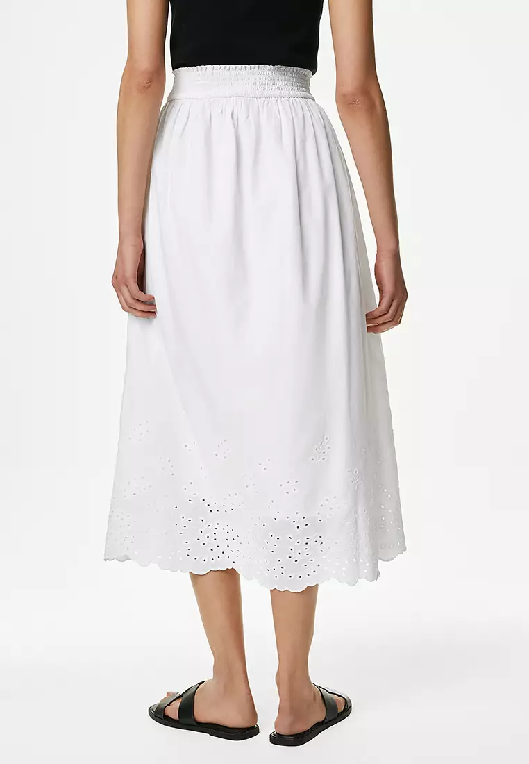 Pure Cotton Broderie Midi Skirt
