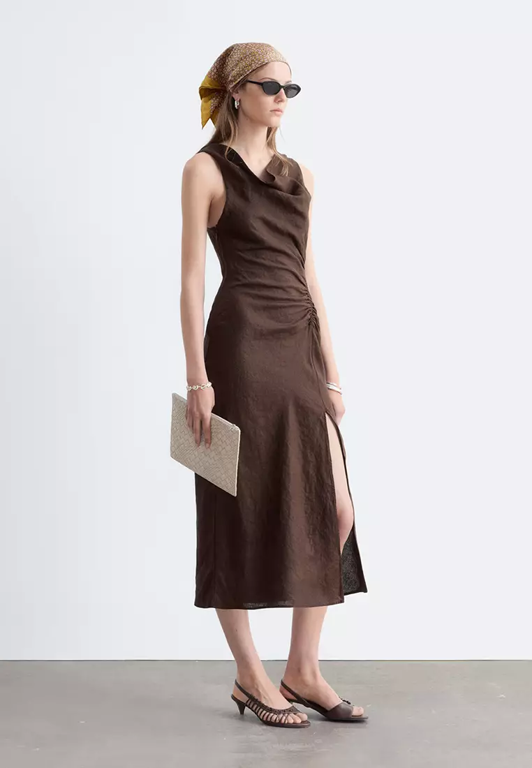Twist-Strap Linen Midi Dress