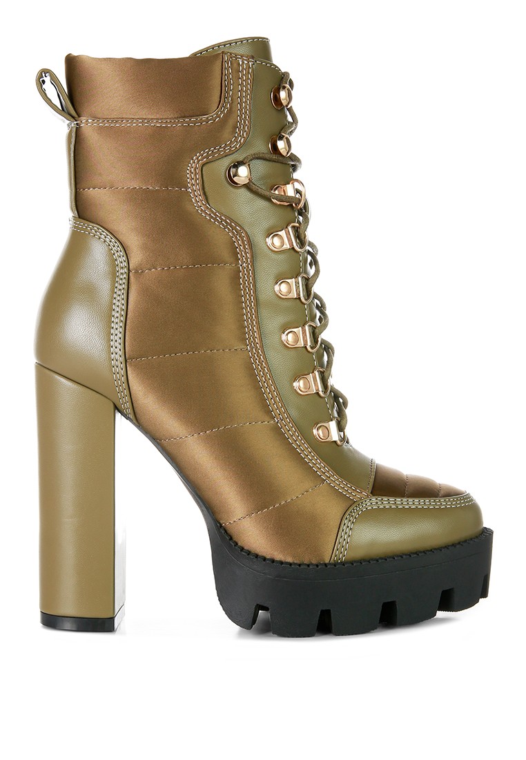 Khaki High Heel Quilted Satin Biker Boots