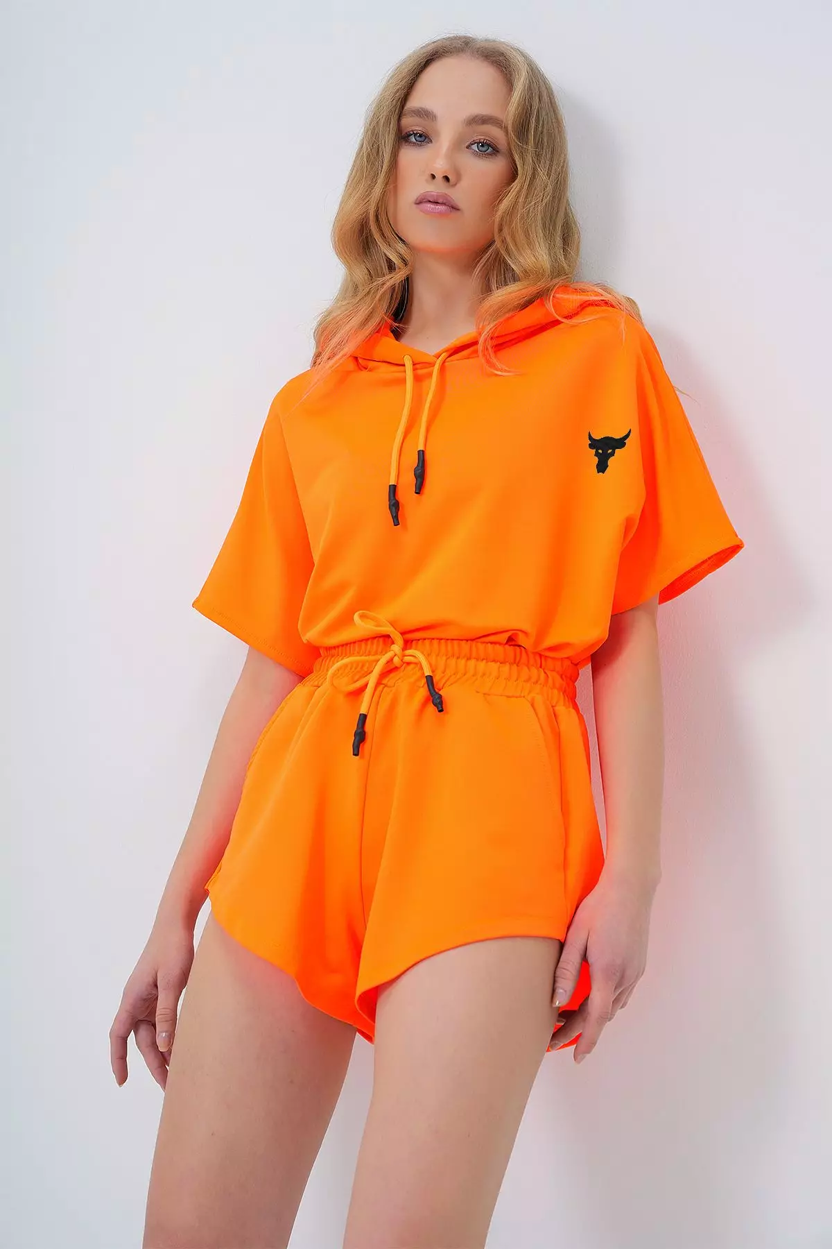 Women's Orange Hooded Crop Sweatshirt And Shorts Set Alc-760-001-Tk