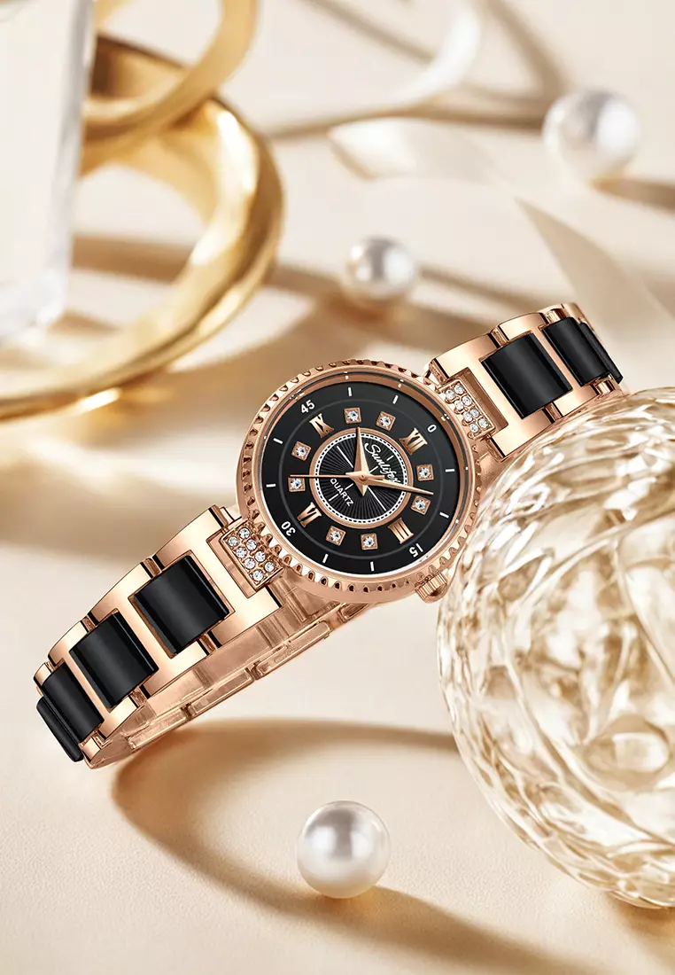 Jam Tangan Wanita Original 8013 Korea Santai Berlian Anti Air Tali keramik Jam Tangan Cewek roseblack
