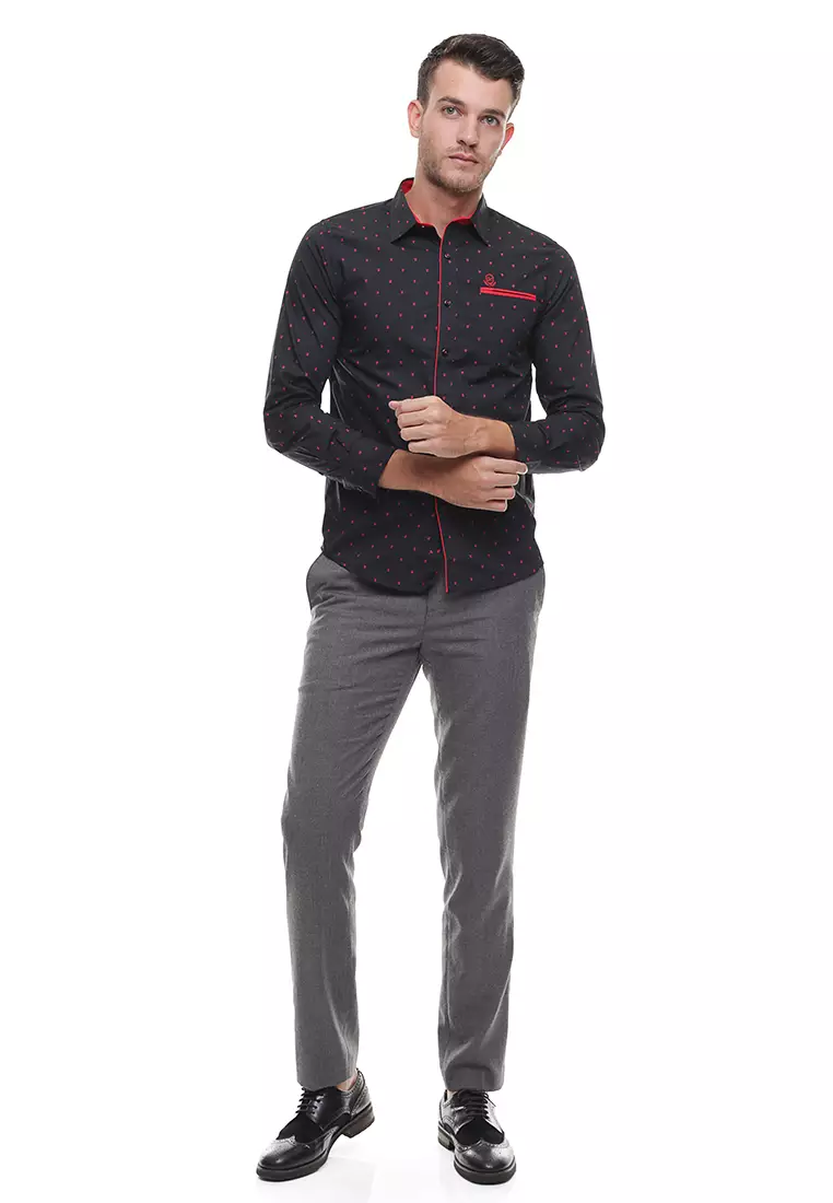 Johnwin - Kemeja Casual - Pria - Lengan Panjang - Hitam - Polkadot Merah