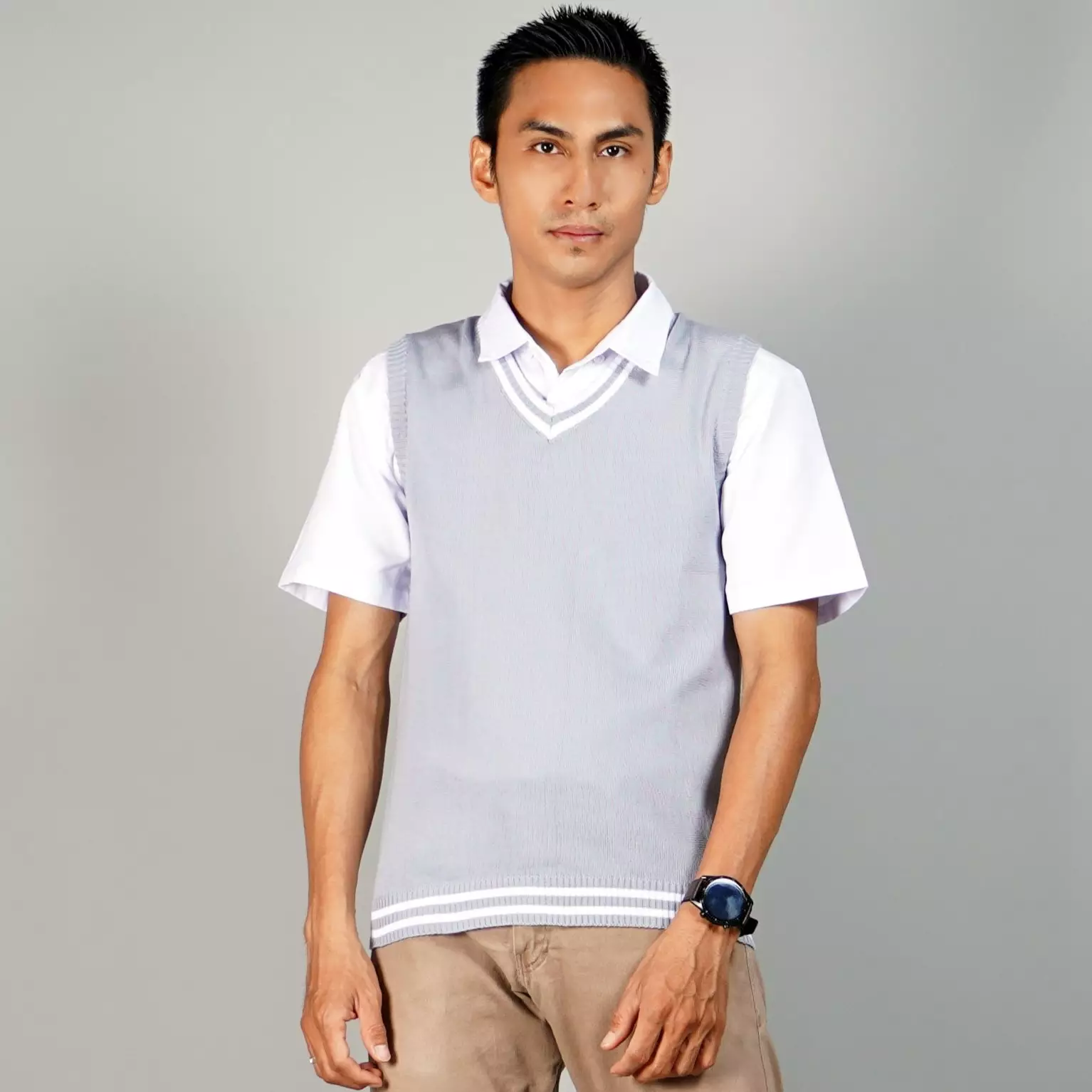 VICKO Knit Outer Rajut Pria Rompi Sekolah Rompi SMA - ABU MUDA