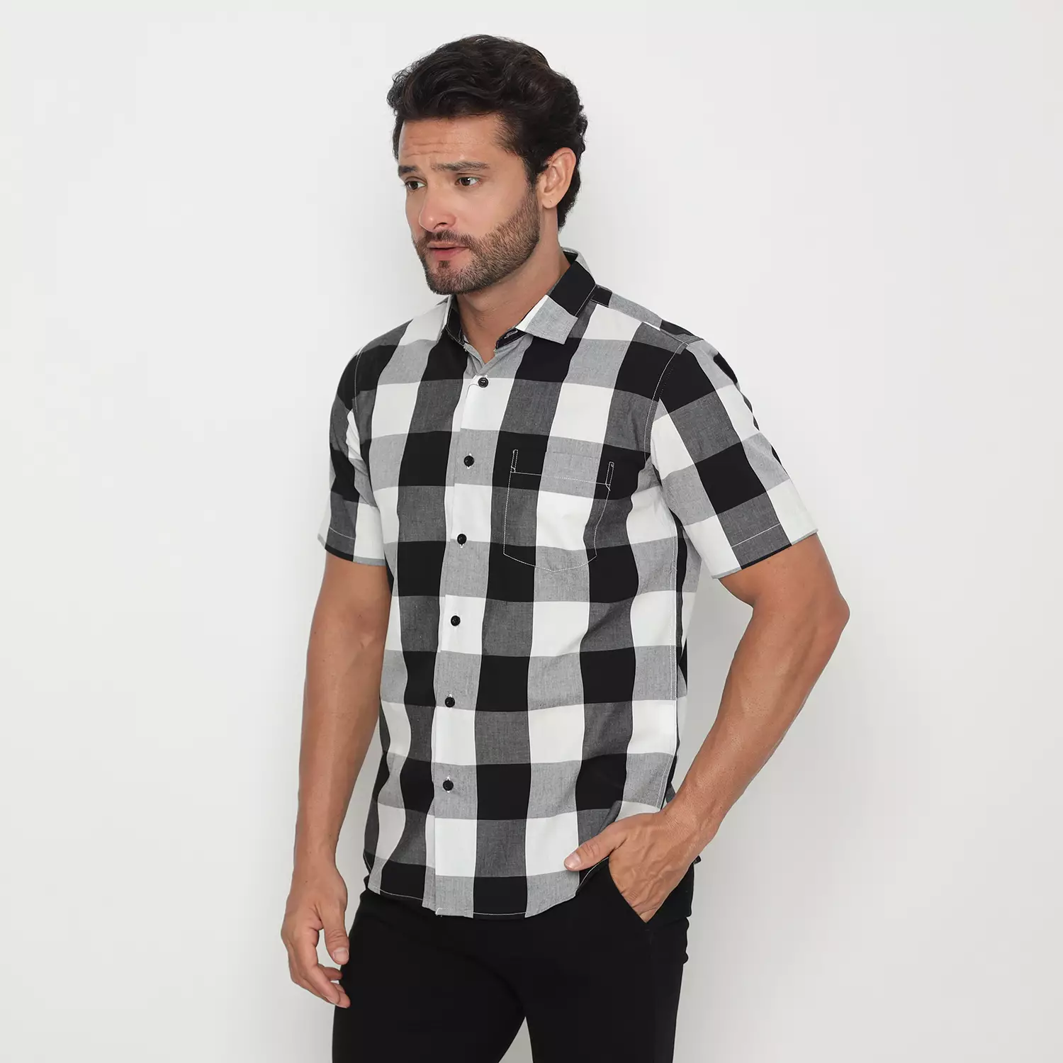 (LAST CALL) Platini Kemeja Motif Kotak Pria Lengan Pendek Katun Hitam 73449