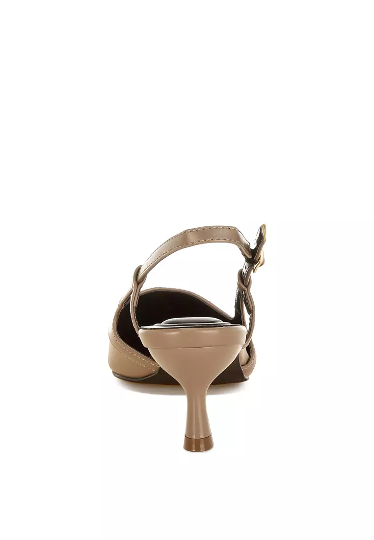Slingback Pin Buckle Kitten Heels In Taupe