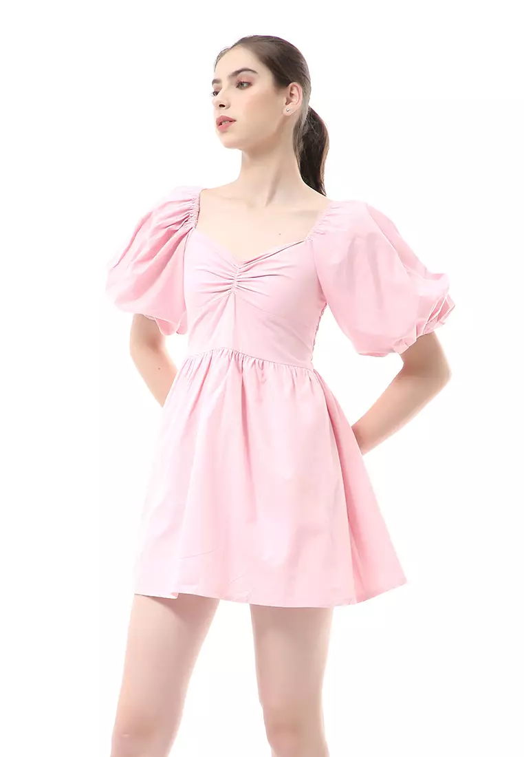 Rachel Dress Wanita Ballerina Pluffy Baloon Sleeve Simple Elegant Material Cotton ORIGINAL - Soft Pink