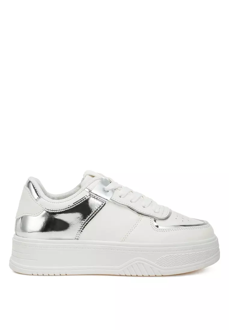 Discount on London Rag  shoes - SKU: Metallic Paneling Platform Sneakers in White Silver