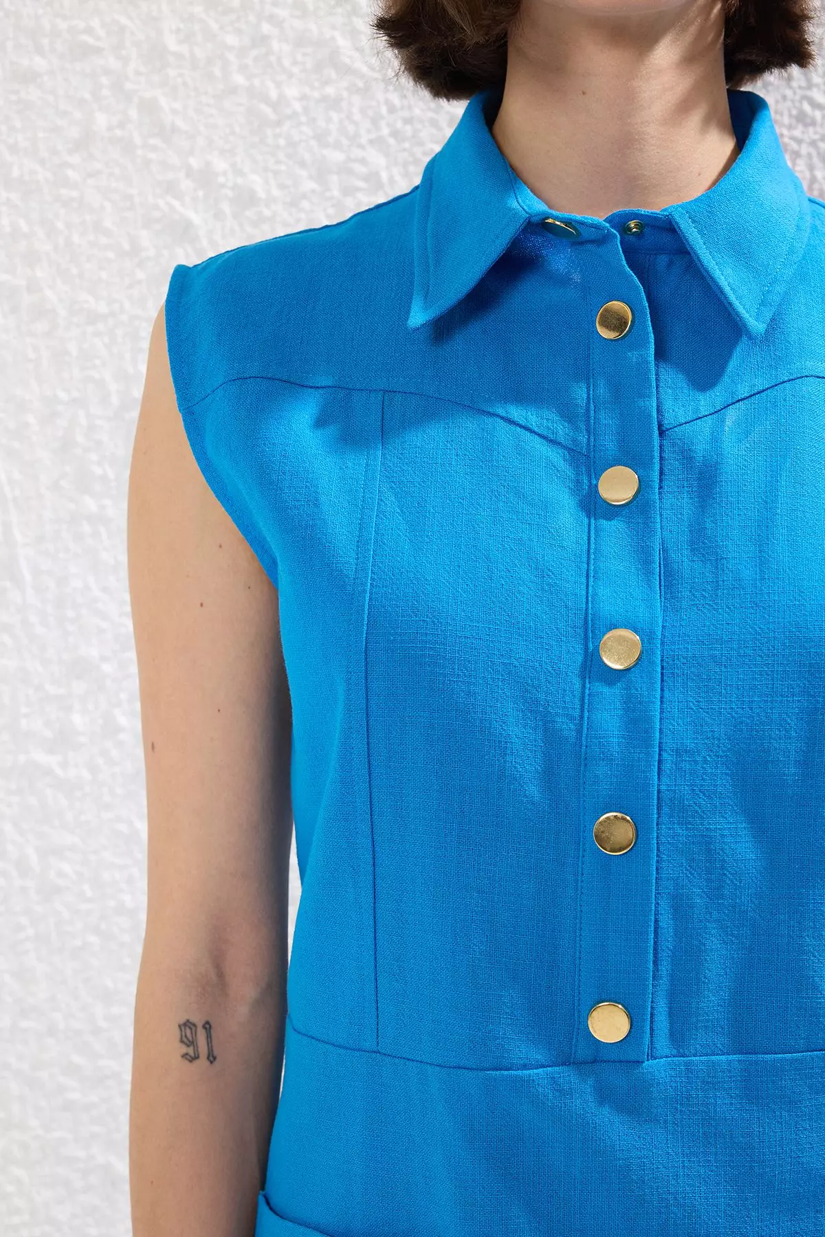 Saks Straight Cut Pocketed Shirt Collar Linen Look Mini Woven Dress TWOSS22EL1068