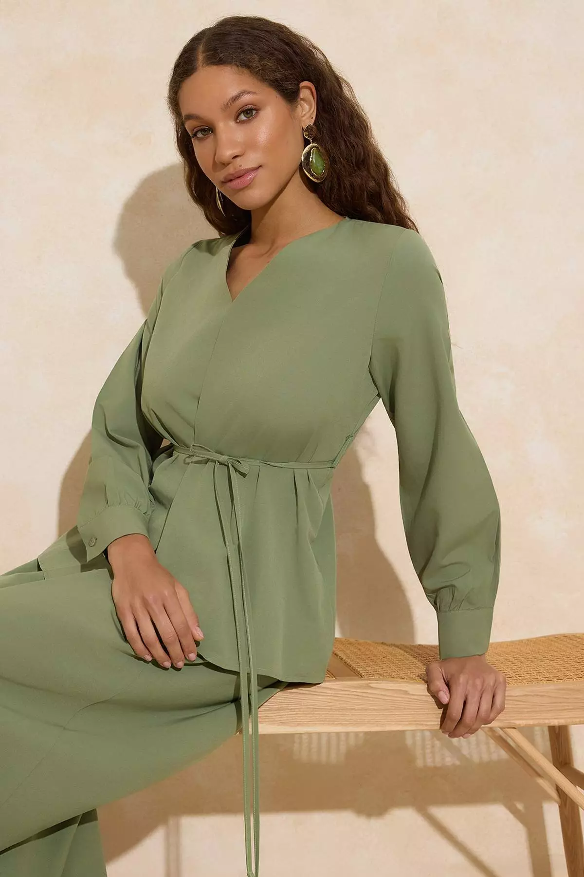Khaki Cotton Woven Top And Bottom Skirt Set Tctss25Us00051