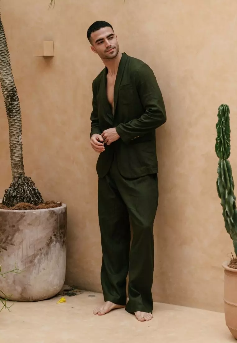 Miles Celana Panjang Baggy Berkancing Linen Pria Warna Hijau Army | Linen Baggy Pants Men Army Green