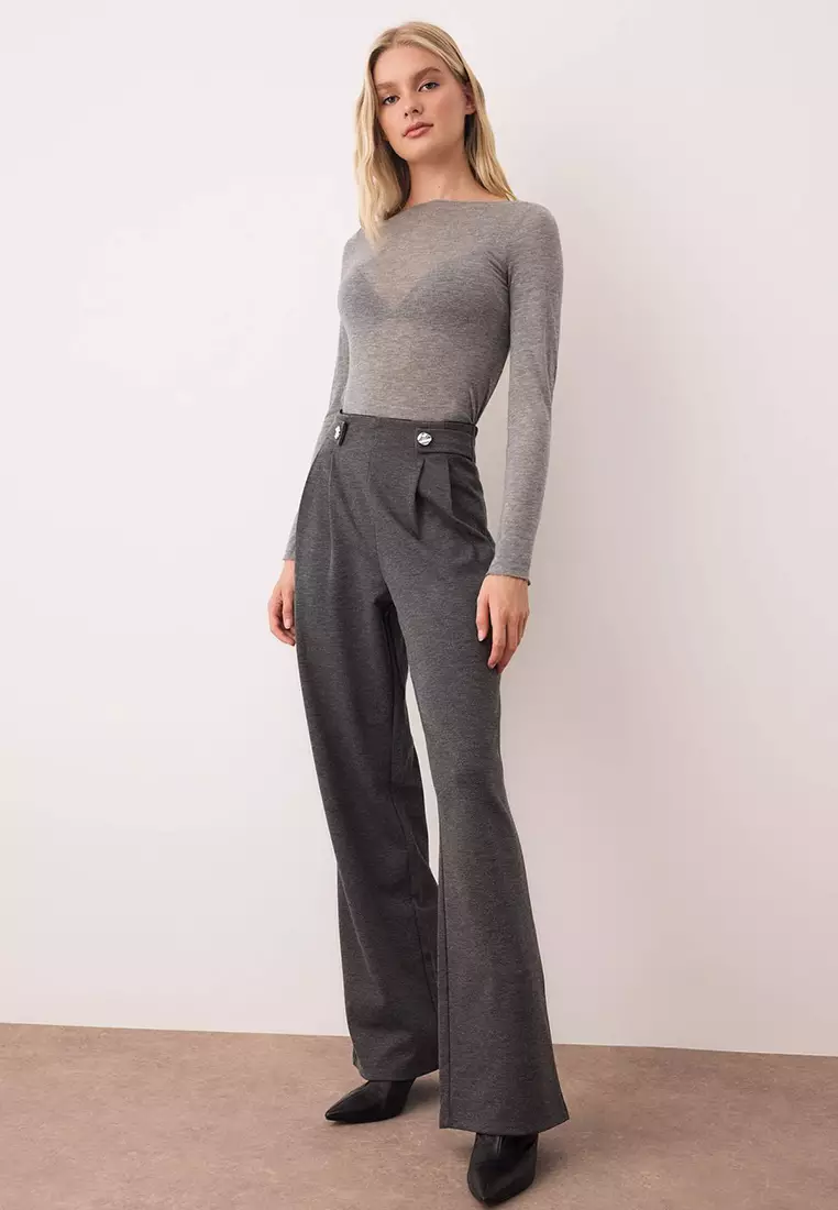 Anthracite Diagonal Pleated Buttoned Wide Leg Knitted Trousers