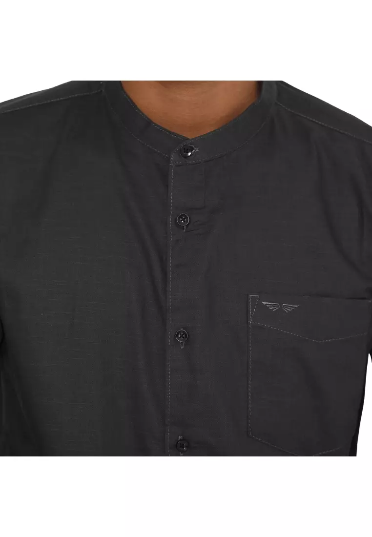 RBJ Kemeja Koko Polos Krah Shanghai Dark Grey Regular Fit Lengan Panjang Pria
