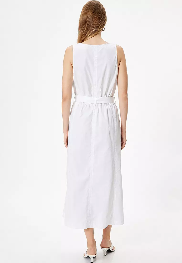 Buy KOTON Long Flared Dress Sleeveless Pocket Belt Detail V Neck