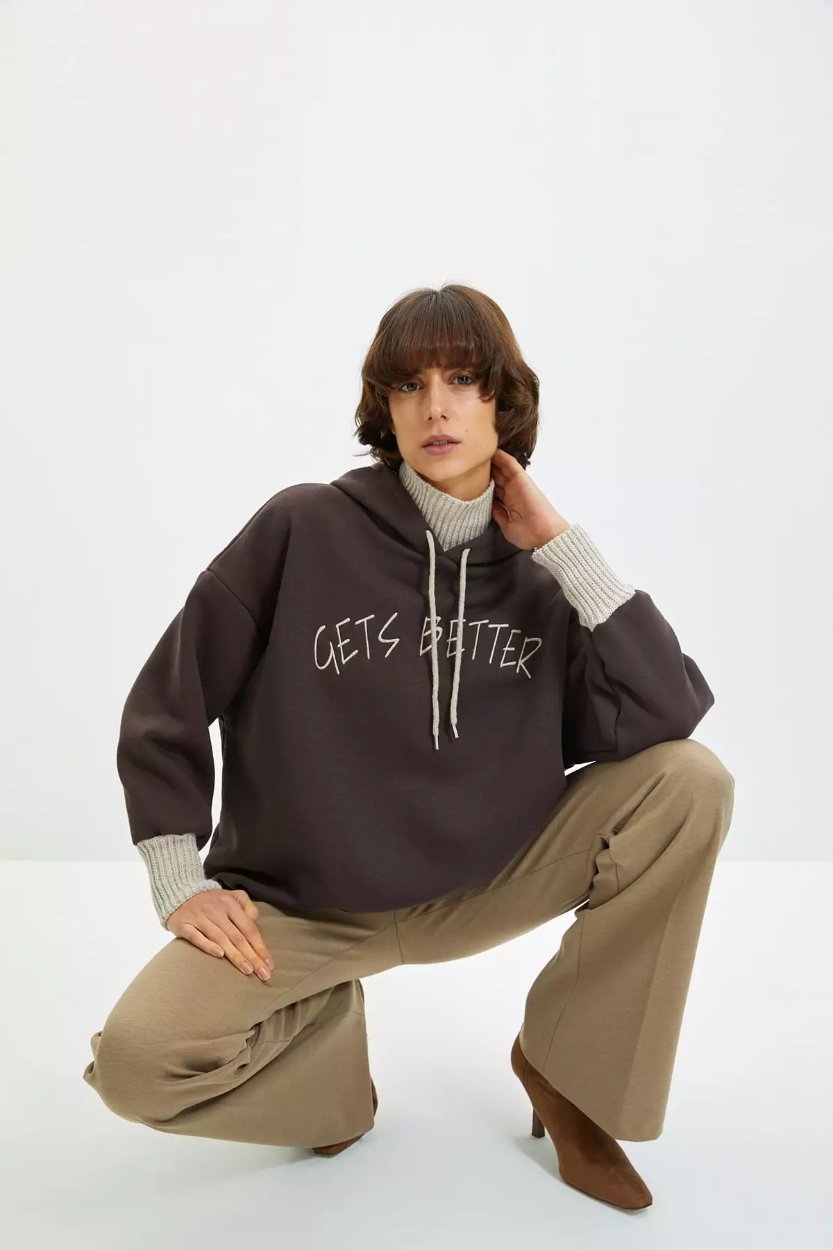 Brown Thick Fleece Inner Tricot Tape Detailed Hooded Knitted Sweatshirt