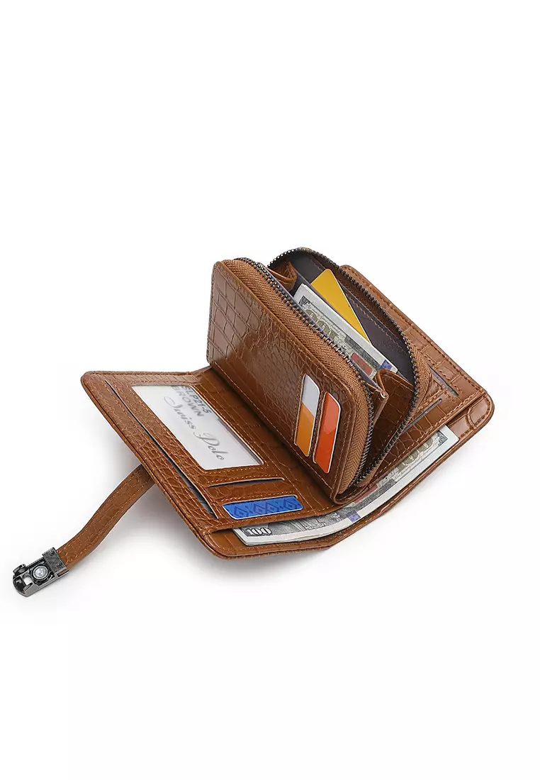 Women's Croc Wallet with Coin Compartment (短錢包) - 棕色