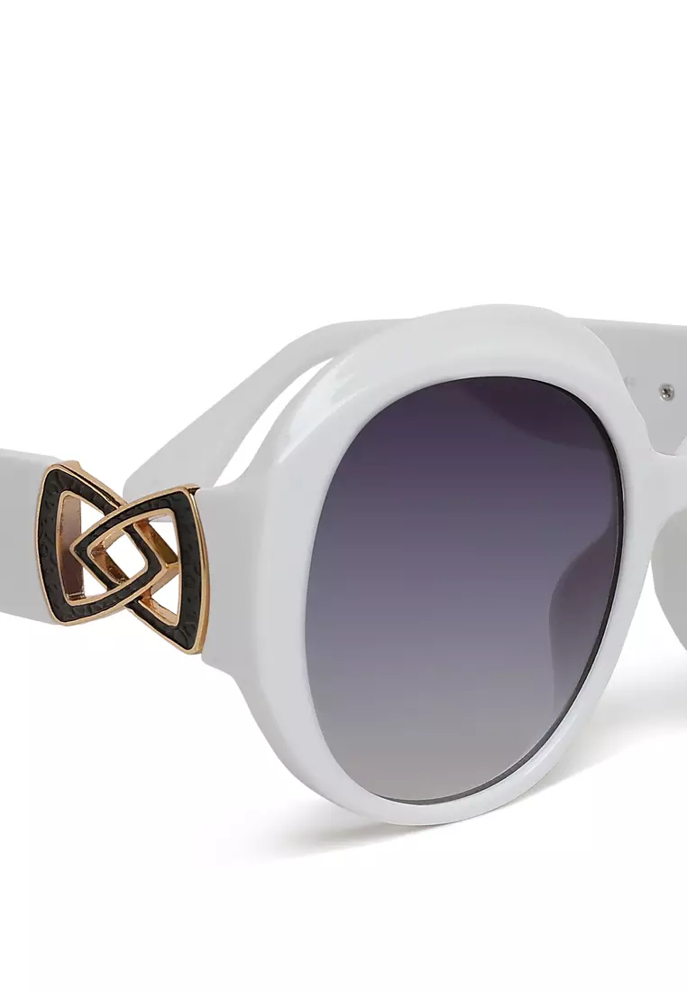 White Metallic Accent Round Sunglasses