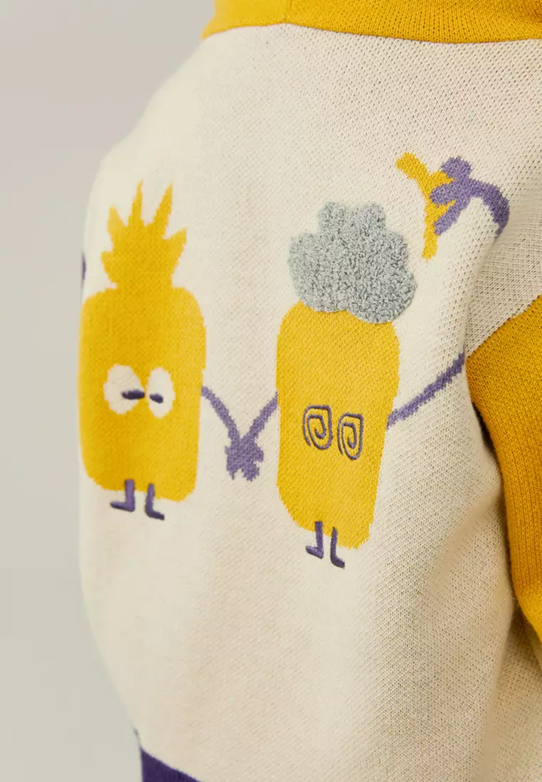 男女小童带帽毛衣后背提花设计撞色针织衫