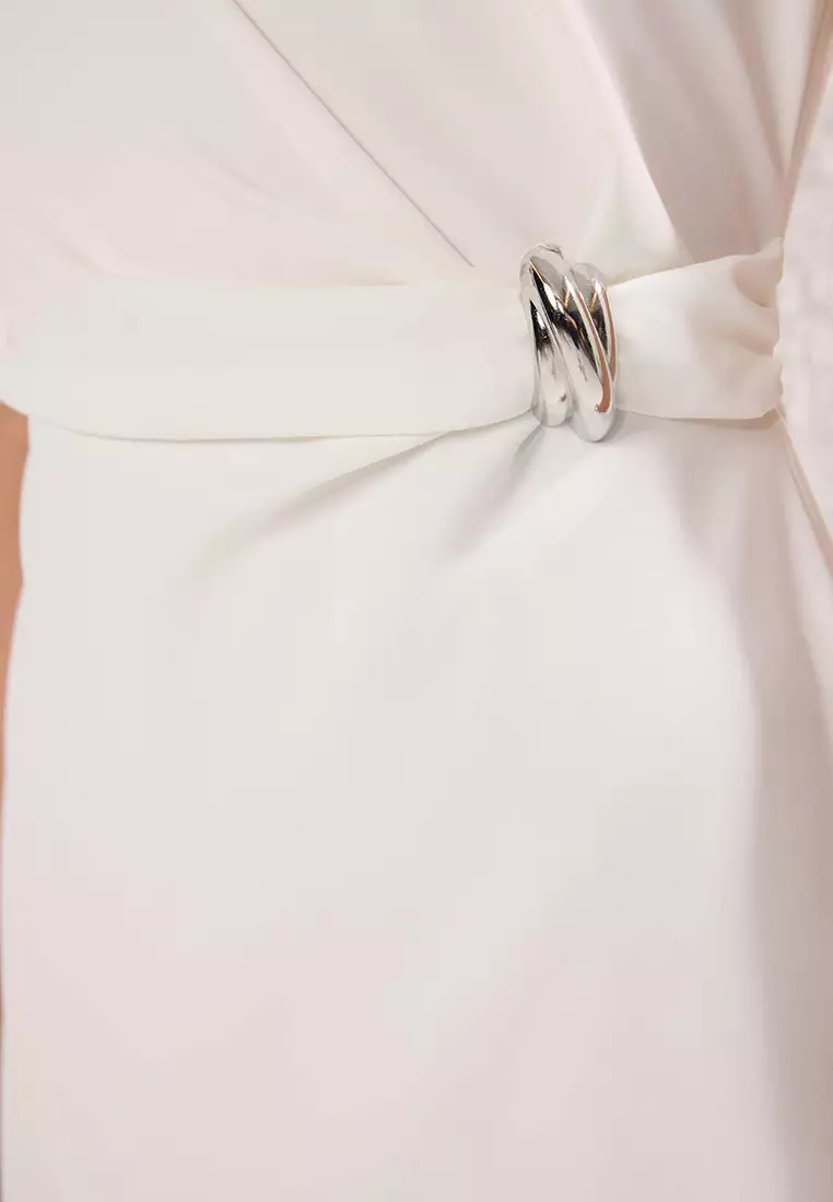 White Straight Body Wrap Lined Midi Dress