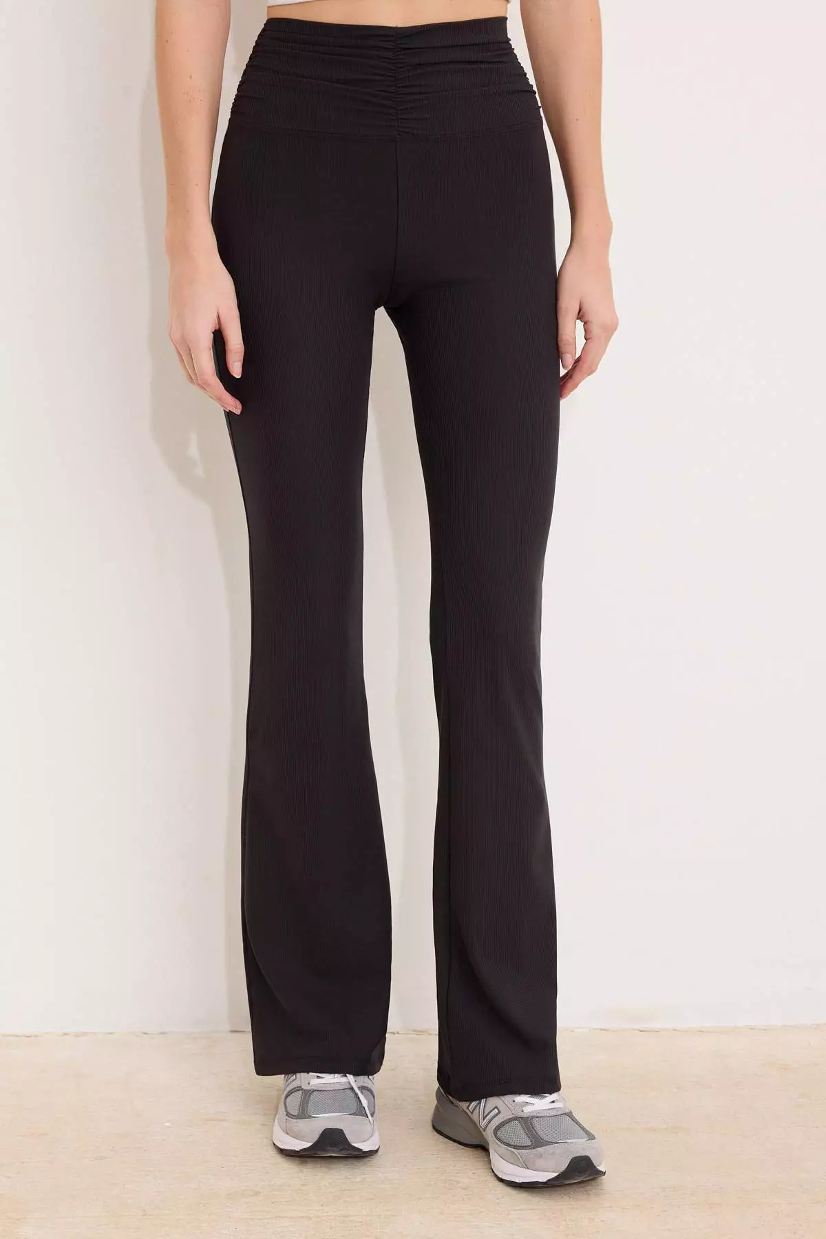 Black Flare/Spanish Leg Gathered Detailed High Waist Long Ribbed Stretchy Knitted Trousers Twoss26Pl77