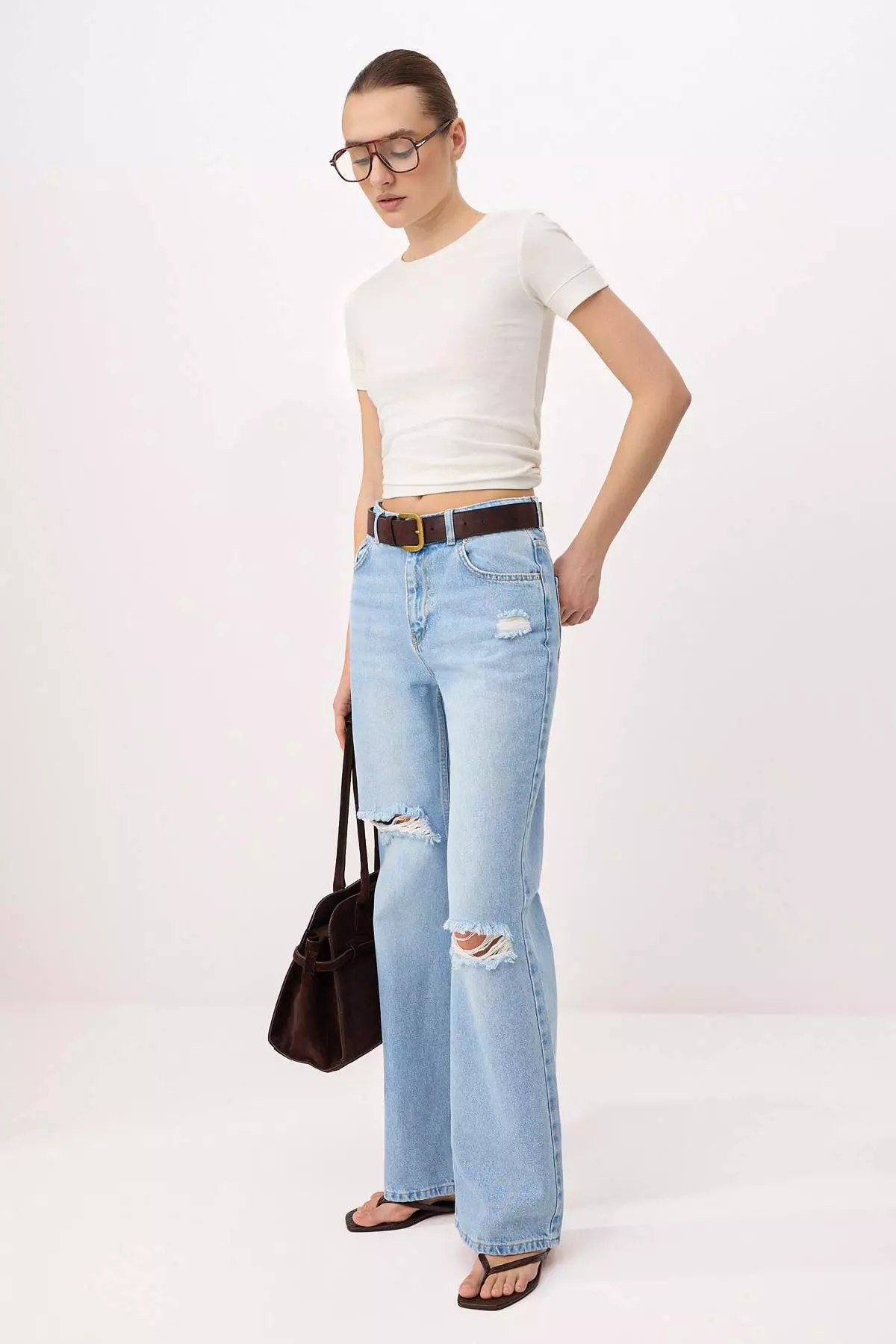 Blue Ripped Detailed High Waist Wide Leg Jeans Twoss26Je264